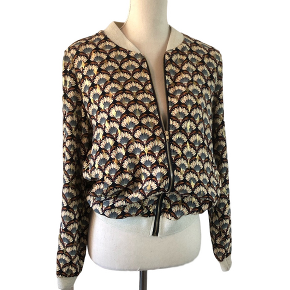 French Floral Zip-up Bomber Jacket navy blue and cream with metallic gold size S - Picture 3 of 13